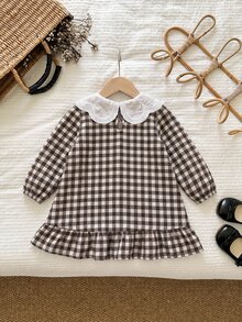 SHEIN 少女燈芯絨拼接蕾絲彼得潘領修身休閒A字長袖洋裝，秋冬新款，青少年女孩日常穿著，適合學校、開學季，可搭配白襯衫，學院風，聖誕節女孩冬季穿搭，派對裝，日常校服 - 卡其色 - 查看 6