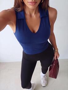 SHEIN Dewbera Women's Sexy Solid Color Collared Sleeveless Top - Blue - View 5