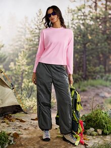 Exploreva Minimalist Casual Pink Back Slit Long Sleeve Outdoor T-Shirt - Pink - View 7