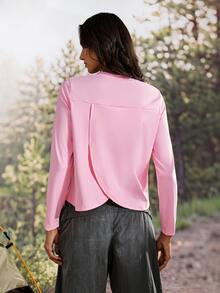 Exploreva Minimalist Casual Pink Back Slit Long Sleeve Outdoor T-Shirt - Pink - View 4