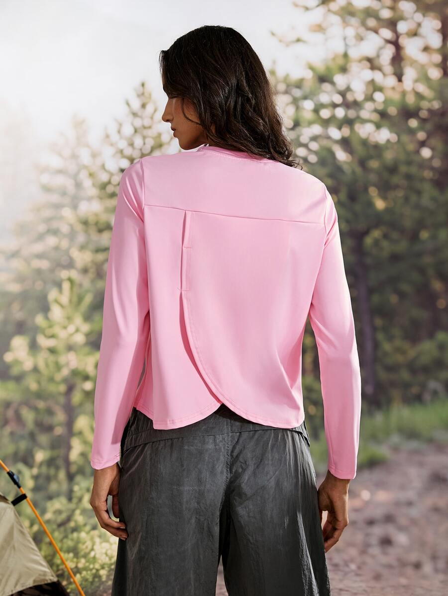 Exploreva Minimalist Casual Pink Back Slit Long Sleeve Outdoor T-Shirt - Pink - View 1