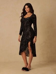 HautHeat Women's Floral Print Slit Design Sexy Daily Home Sleep Dress - Black - View 3