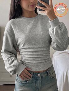 SHEIN Tween Girls Tween Girl Grey Pullover Sweatshirt With Ruched Waist, Loose Casual Versatile Style, Fleece Lined, Suitable For Back To School Season, Autumn New Arrival - Light Grey - View 1
