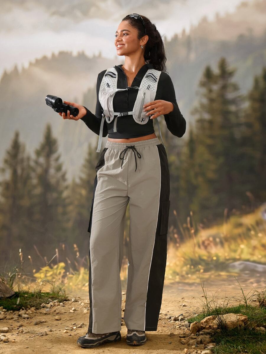 Exploreva Women's Casual Drawstring Waist Colorblock Outdoor Long Pants - Grey - View 1