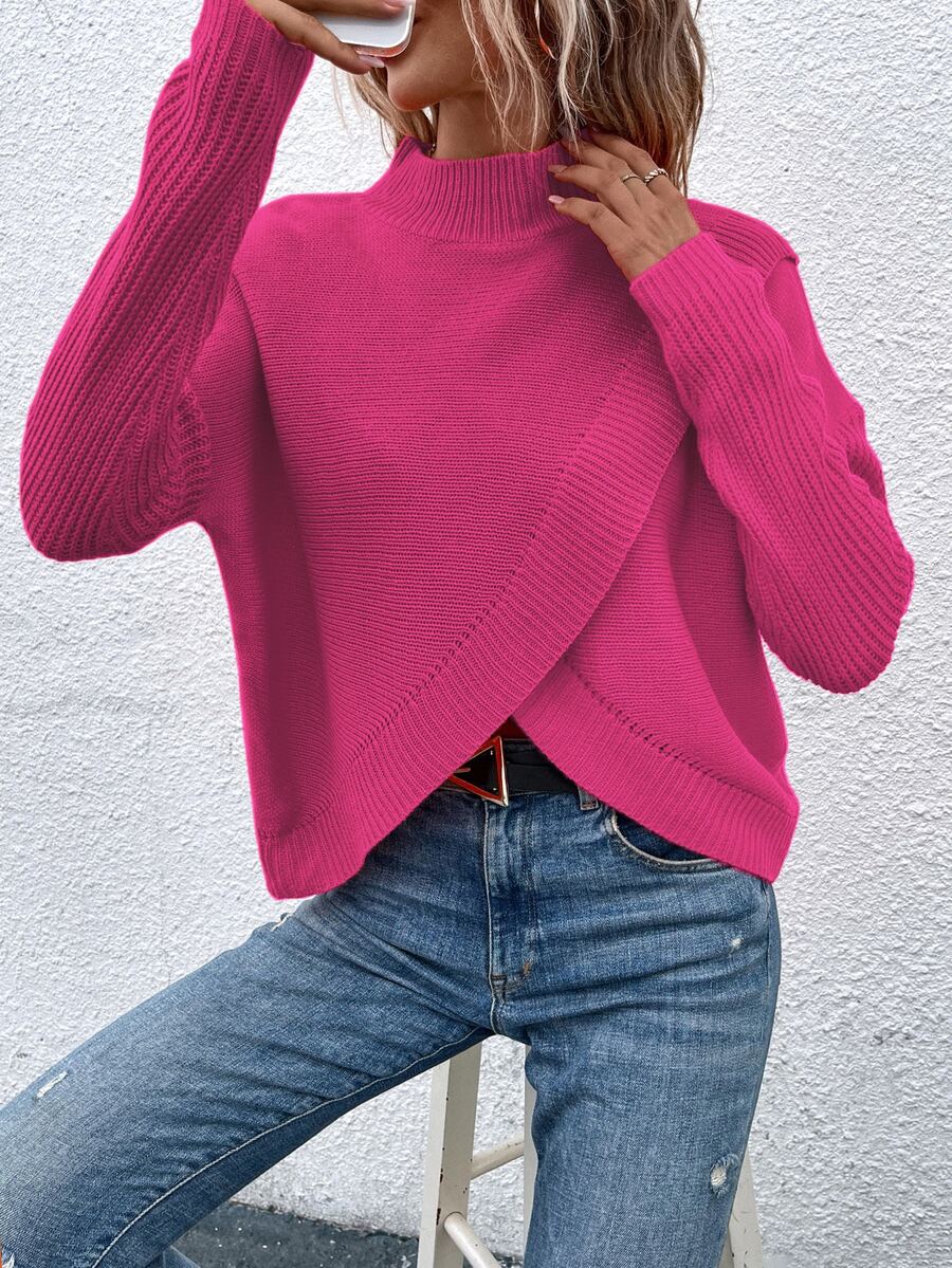 SHEIN 秋冬休閒純色立領圍裹式毛衣 - 玫紅色 - 查看 1