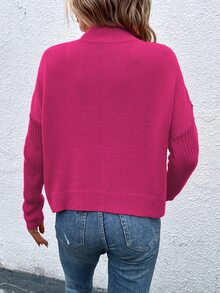 SHEIN 秋冬休閒純色立領圍裹式毛衣 - 玫紅色 - 查看 2