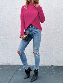 SHEIN 秋冬休閒純色立領圍裹式毛衣 - 玫紅色 - 查看 4