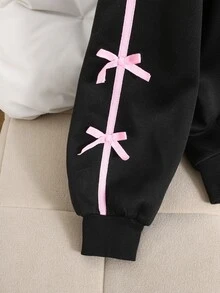 SHEIN Girlism 青少年女孩秋季黑色返校風拼接色可愛蝴蝶結織帶抓絨連帽衛衣冬季運動衫 - 黑色 - 查看 3