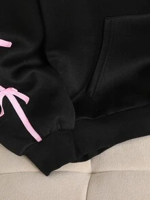 SHEIN Girlism 青少年女孩秋季黑色返校風拼接色可愛蝴蝶結織帶抓絨連帽衛衣冬季運動衫 - 黑色 - 查看 5