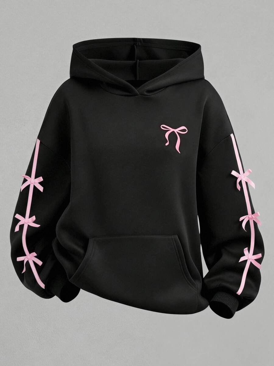 SHEIN Girlism 青少年女孩秋季黑色返校風拼接色可愛蝴蝶結織帶抓絨連帽衛衣冬季運動衫 - 黑色 - 查看 1