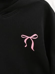 SHEIN Girlism 青少年女孩秋季黑色返校風拼接色可愛蝴蝶結織帶抓絨連帽衛衣冬季運動衫 - 黑色 - 查看 4