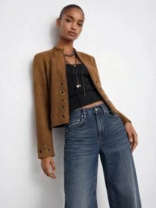 Maija Solid Grommet Eyelet Zip Up Crop Jacket Everyday Shades Of Brown Autumn Casual - Brown - View 3