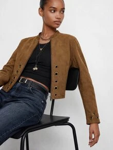 Maija Solid Grommet Eyelet Zip Up Crop Jacket Everyday Shades Of Brown Autumn Casual - Brown - View 5