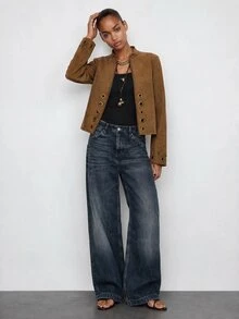 Maija Solid Grommet Eyelet Zip Up Crop Jacket Everyday Shades Of Brown Autumn Casual - Brown - View 6