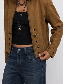 Maija Solid Grommet Eyelet Zip Up Crop Jacket Everyday Shades Of Brown Autumn Casual - Brown - View 2