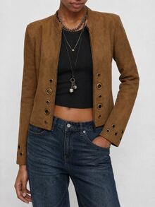 Maija Solid Grommet Eyelet Zip Up Crop Jacket Everyday Shades Of Brown Autumn Casual - Brown - View 7