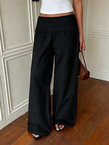 SHEIN EZwear Women's Solid Color Loose Casual Long Pants For Daily Wear - Black - View 2