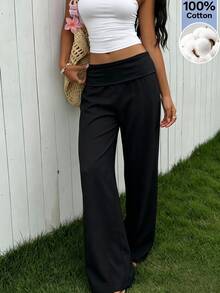 SHEIN EZwear Women's Solid Color Loose Casual Long Pants For Daily Wear - Black - View 7