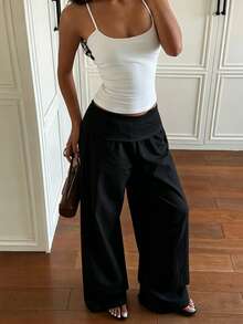 SHEIN EZwear Women's Solid Color Loose Casual Long Pants For Daily Wear - Black - View 3