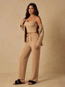 HautHeat Women's Solid Color Camisole Top & Long Pants Lounge Set - Camel - View 5