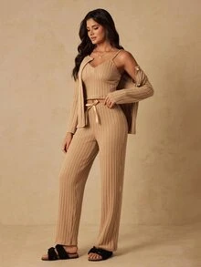 HautHeat Women's Solid Color Camisole Top & Long Pants Lounge Set - Camel - View 7