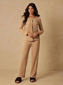 HautHeat Women's Solid Color Camisole Top & Long Pants Lounge Set - Camel - View 6