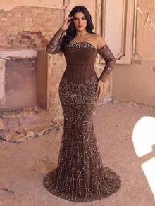 Aureia Plus Size Elegant Luxurious Beaded Sequin Embroidered Lace Bubble Patchwork Elastic Knit Ruched Mermaid Skirt With Puff Sleeves, Suitable For Wedding, Event, Bachelorette Party, Vacation, Ball, Evening Gala Dress (Heavy Workmanship Style) - Rust Brown - View 8