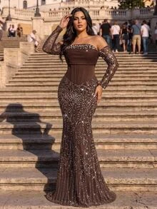 Aureia Plus Size Elegant Luxurious Beaded Sequin Embroidered Lace Bubble Patchwork Elastic Knit Ruched Mermaid Skirt With Puff Sleeves, Suitable For Wedding, Event, Bachelorette Party, Vacation, Ball, Evening Gala Dress (Heavy Workmanship Style) - Rust Brown - View 5