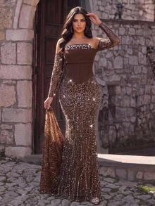 Aureia Plus Size Elegant Luxurious Beaded Sequin Embroidered Lace Bubble Patchwork Elastic Knit Ruched Mermaid Skirt With Puff Sleeves, Suitable For Wedding, Event, Bachelorette Party, Vacation, Ball, Evening Gala Dress (Heavy Workmanship Style) - Rust Brown - View 2