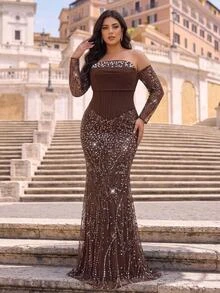 Aureia Plus Size Elegant Luxurious Beaded Sequin Embroidered Lace Bubble Patchwork Elastic Knit Ruched Mermaid Skirt With Puff Sleeves, Suitable For Wedding, Event, Bachelorette Party, Vacation, Ball, Evening Gala Dress (Heavy Workmanship Style) - Rust Brown - View 9