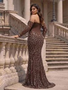 Aureia Plus Size Elegant Luxurious Beaded Sequin Embroidered Lace Bubble Patchwork Elastic Knit Ruched Mermaid Skirt With Puff Sleeves, Suitable For Wedding, Event, Bachelorette Party, Vacation, Ball, Evening Gala Dress (Heavy Workmanship Style) - Rust Brown - View 7