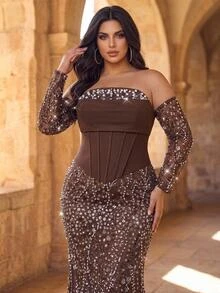 Aureia Plus Size Elegant Luxurious Beaded Sequin Embroidered Lace Bubble Patchwork Elastic Knit Ruched Mermaid Skirt With Puff Sleeves, Suitable For Wedding, Event, Bachelorette Party, Vacation, Ball, Evening Gala Dress (Heavy Workmanship Style) - Rust Brown - View 6