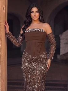 Aureia Plus Size Elegant Luxurious Beaded Sequin Embroidered Lace Bubble Patchwork Elastic Knit Ruched Mermaid Skirt With Puff Sleeves, Suitable For Wedding, Event, Bachelorette Party, Vacation, Ball, Evening Gala Dress (Heavy Workmanship Style) - Rust Brown - View 3