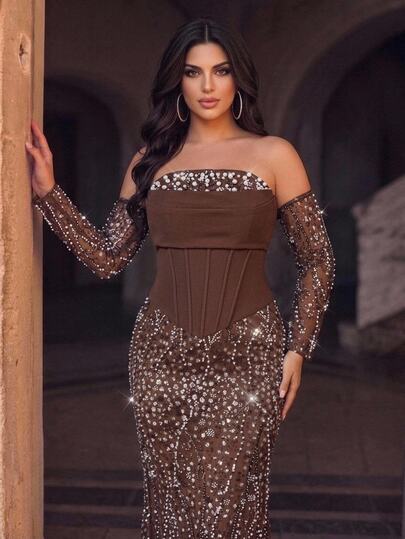 Aureia Plus Size Elegant Luxurious Beaded Sequin Embroidered Lace Bubble Patchwork Elastic Knit Ruched Mermaid Skirt With Puff Sleeves, Suitable For Wedding, Event, Bachelorette Party, Vacation, Ball, Evening Gala Dress (Heavy Workmanship Style)