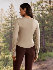 Exploreva Women's Khaki Notch V-Neck Long Sleeve Outdoor T-Shirt - Khaki - View 2
