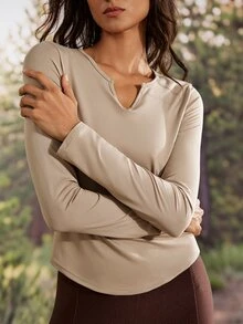 Exploreva Women's Khaki Notch V-Neck Long Sleeve Outdoor T-Shirt - Khaki - View 3