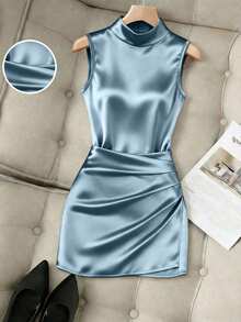 SHEIN Rosurelle 时尚新款亮面高领无袖褶皱腰身不对称修身连衣裙，女款 - 藍色 - 查看 3