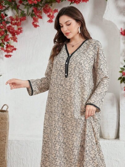 Al Najma Plus Size Women's Elegant Modest Daily Wear Ditsy Floral Arabic Style Dress Thailand Holiday Black Summer