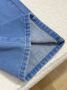 SHEIN Teen Girls Blue Denim Fleece Lined Loose Fit Long Pants, Autumn/Winter Back To School - Blue - View 5