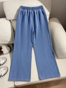SHEIN Teen Girls Blue Denim Fleece Lined Loose Fit Long Pants, Autumn/Winter Back To School - Blue - View 3