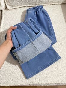 SHEIN Teen Girls Blue Denim Fleece Lined Loose Fit Long Pants, Autumn/Winter Back To School - Blue - View 6