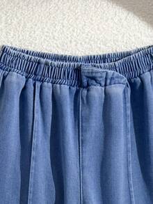 SHEIN Teen Girls Blue Denim Fleece Lined Loose Fit Long Pants, Autumn/Winter Back To School - Blue - View 4