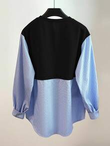 Franclia Women's Round Neck Long Sleeve Striped Print Patchwork Sweatshirt, Autumn Spring Casual Vacation - Black - View 2