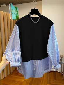 Franclia Women's Round Neck Long Sleeve Striped Print Patchwork Sweatshirt, Autumn Spring Casual Vacation - Black - View 3