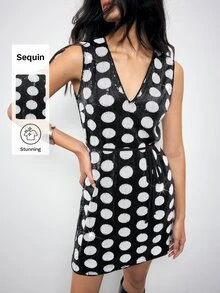 Maija Gaun Pendek Tanpa Lengan Leher V Motif Polkadot dan Payet untuk Wanita - Hitam - View 6