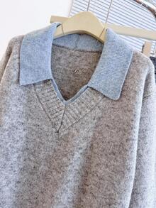 SHEIN Rosurelle V领二合一长袖毛衣，秋冬 - 灰色 - 查看 7