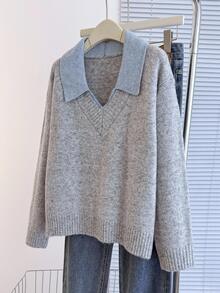 SHEIN Rosurelle V领二合一长袖毛衣，秋冬 - 灰色 - 查看 4