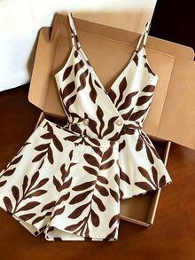 SHEIN Rosurelle 女款夏季咖啡葉印花吊帶上衣與短褲兩件套，度假風紋理面料，休閒成熟風格，海灘穿搭，鄉村音樂會穿搭 - 彩色 - 查看 4