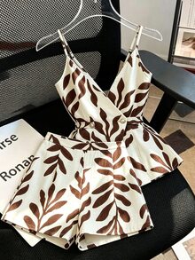 SHEIN Rosurelle 女款夏季咖啡葉印花吊帶上衣與短褲兩件套，度假風紋理面料，休閒成熟風格，海灘穿搭，鄉村音樂會穿搭 - 彩色 - 查看 6