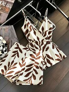 SHEIN Rosurelle 女款夏季咖啡葉印花吊帶上衣與短褲兩件套，度假風紋理面料，休閒成熟風格，海灘穿搭，鄉村音樂會穿搭 - 彩色 - 查看 8